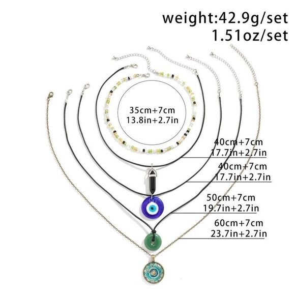 Bohemian Layered Chunky 5-Piece Necklace Set with Gemstone & Evil Eye Pendants - Picture 9 of 10
